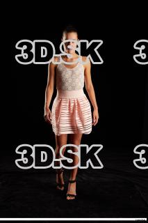 Walking reference of whole body white dress pink skirt black…